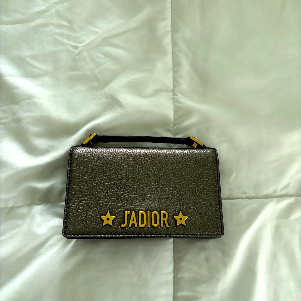 CHRISTIAN DIOR Metallic Grained Calfskin J'Adior Clutch in Gunmetal